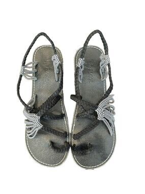 Women's Planka Palm Leaf Black/White Summer Sandals. Size 9